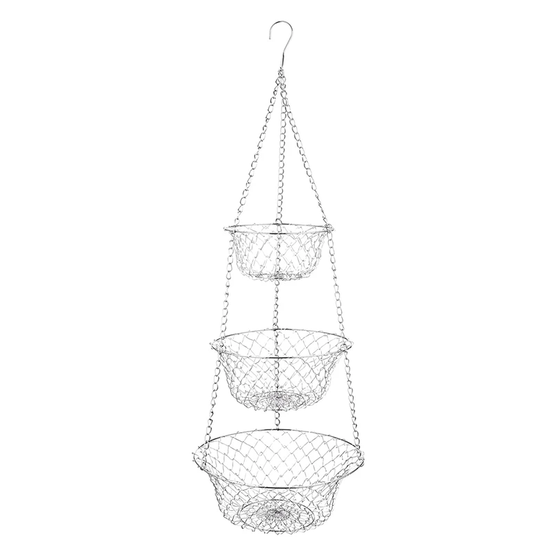 

2X 3 Tier Fruit Basket, Vegetable Kitchen Storage Basket Chain Hanging Space Saving Fruits, Plants Storage Basket