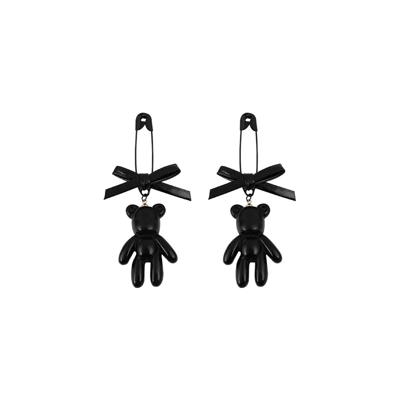925 Silver Needle Black Bear Earrings Woman Leather Bow 2022 Pin Chain Drop Cute Punk Rock Girl Fashion Jewelry Accessories