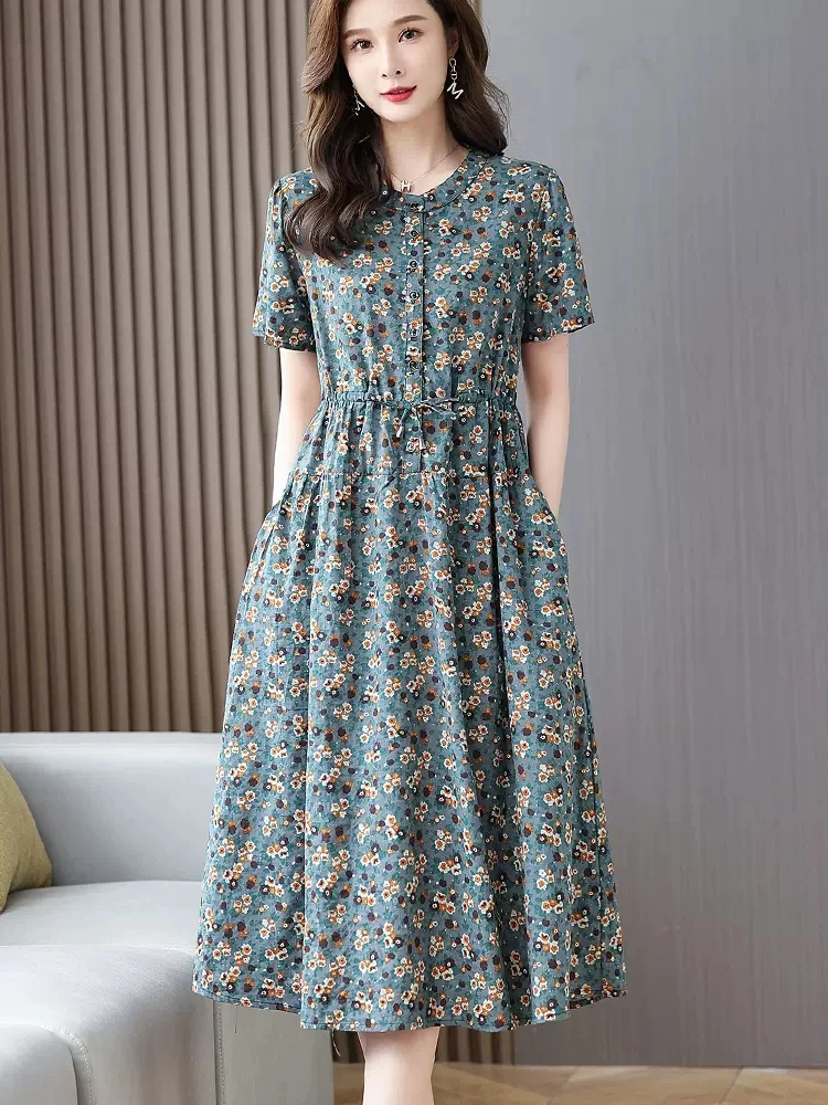 Cotton Dresses Women 2023 New Summer Elegant Floral Print Drawstring Maxi Dress Casual Loose Mommy Clothes Robe Femme 4XL