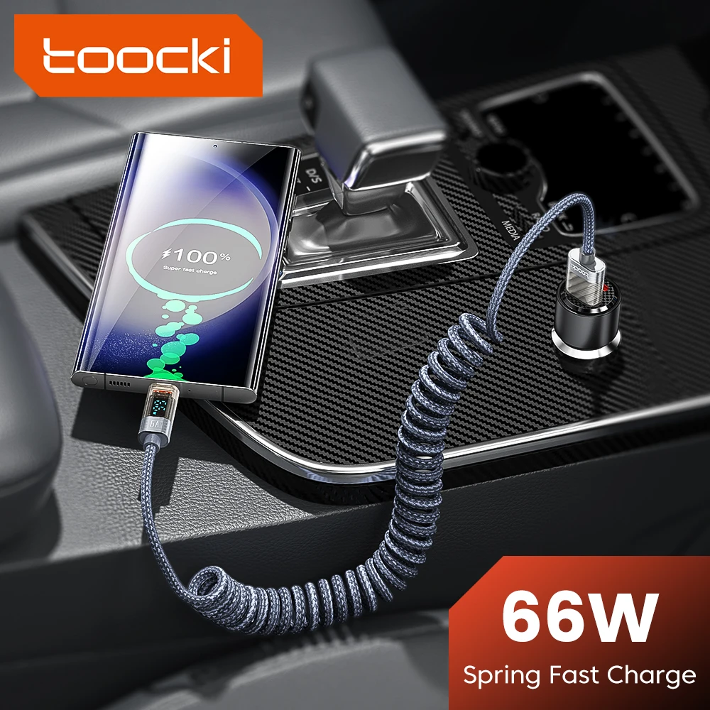 Toocki 6A USB Cable To USB C Spring Fast Phone Charger For Huawei PD100W Transparent Digital Display Type C Cable For Laptop LG