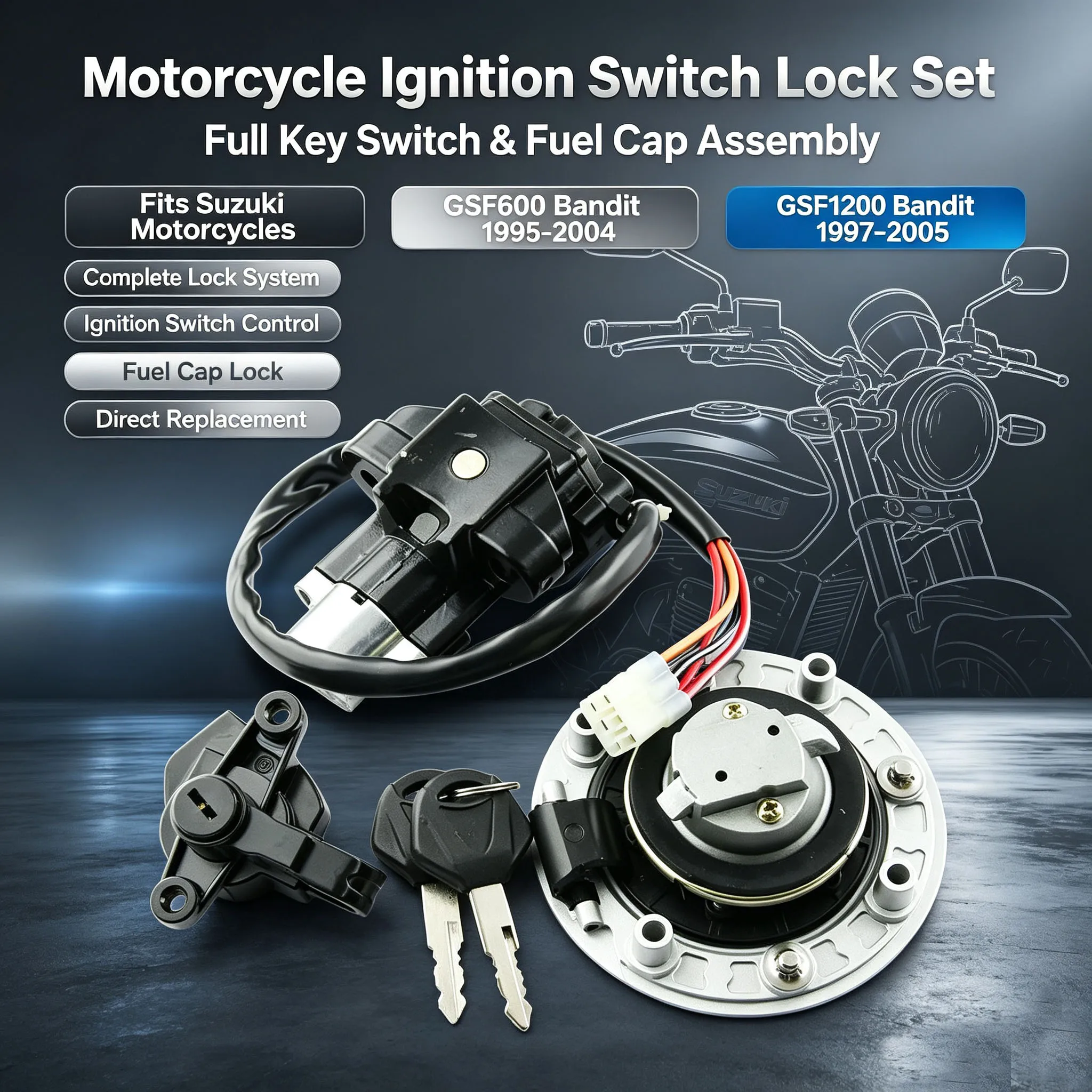 Motorcycle Ignition Switch Fuel Tank Cap For Suzuki Bandit GSF600 GSF1200 GSF 600 1200  Seat Lock Key Set Moto Accessories Parts