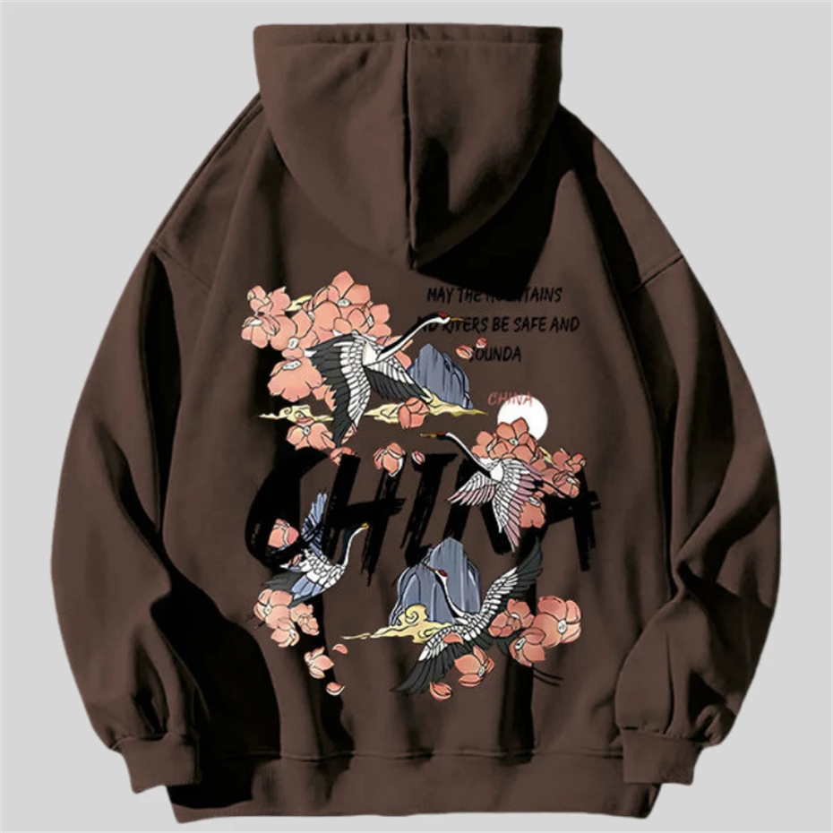 Casual Fleece Hoodies Men Loose Hooded Sweatshirts Mens Harajuku Crane Print Hoodie Male Autumn Winter Men Clothing 8 Colors