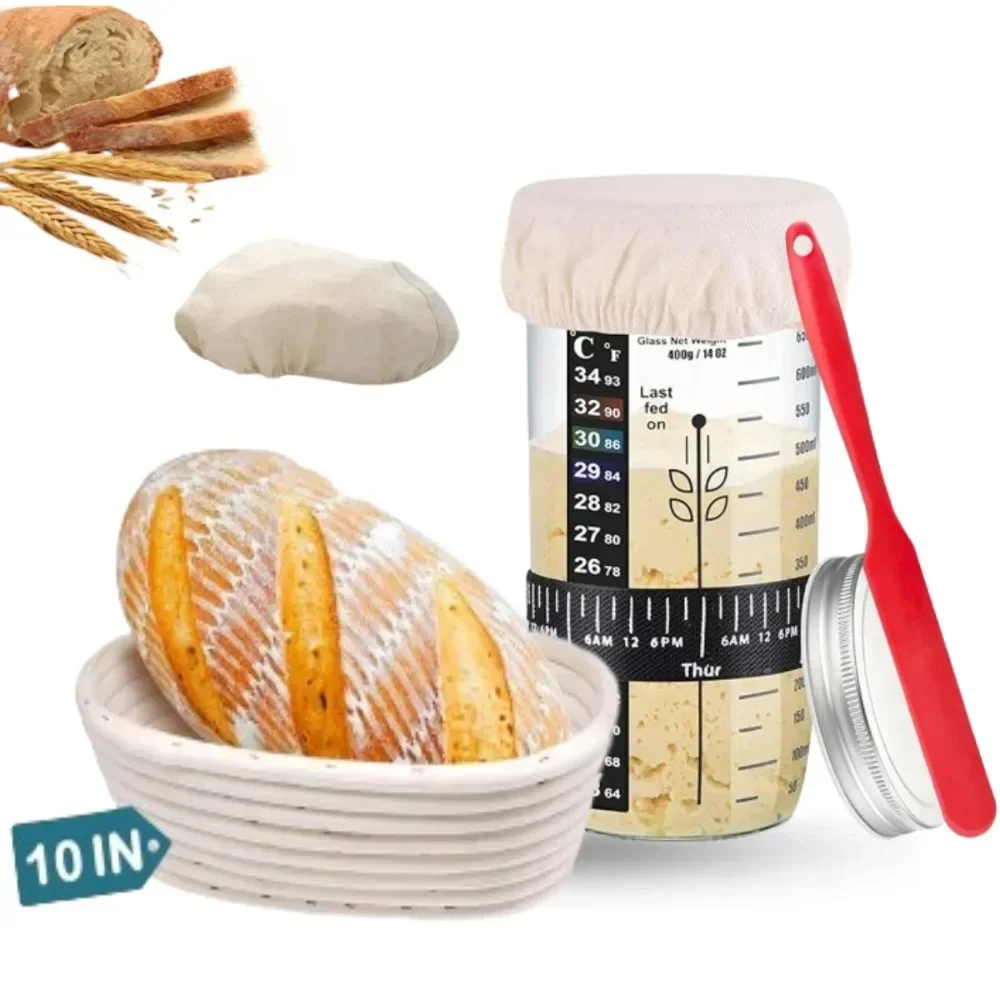 Kit de inicio de masa fermentada para principiantes, cesta a prueba de pan de 10 pulgadas, 24 Oz, tarro de inicio de masa fermentada, suministros para hornear en casa de boca ancha, 7 Uds.