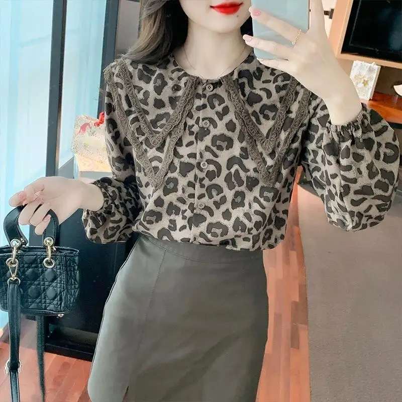 Moda leopardo rendas retalhos blusa manga longa botão all-match tendência camisa topos primavera outono elegante coreano roupas femininas