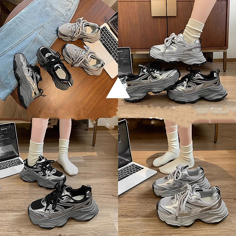 Oulylan موضة سميكة سوليد الأحذية الرياضية السيدات عادية الدانتيل يصل احذية الجري الربيع تنفس عدم الانزلاق أحذية رياضية 35 إلى 40 #5