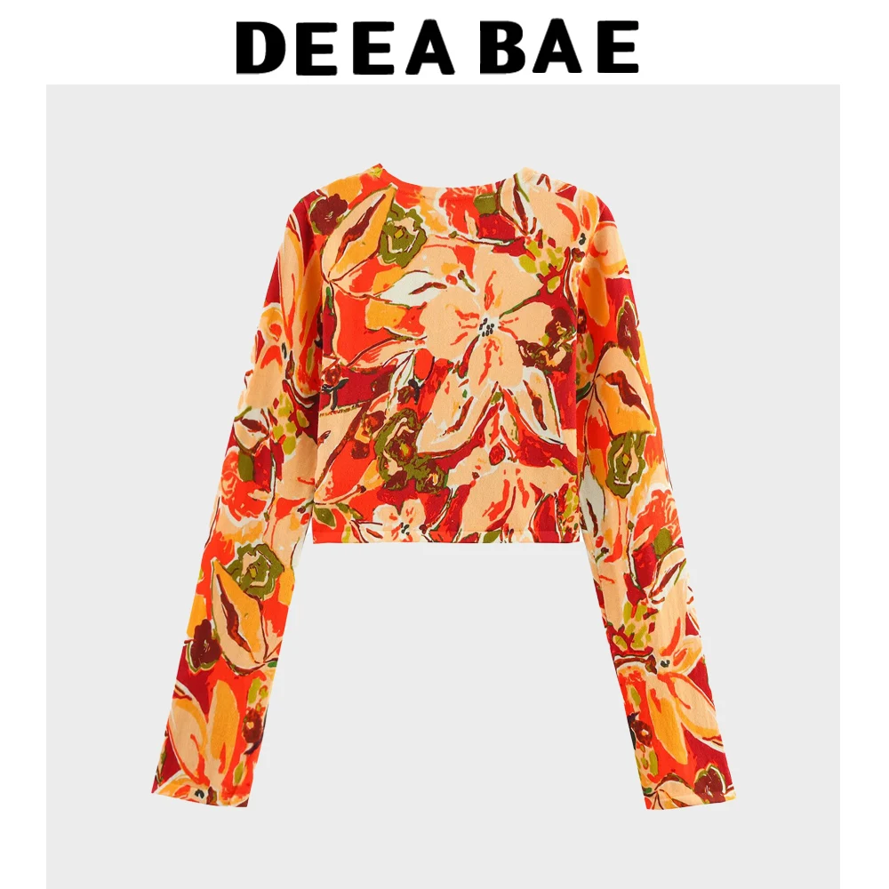 DEEABAE Wiosenna nowa odzież damska Temperamentowy nadruk z długim rękawem i okrągłym dekoltem Modny sweter z dzianiny