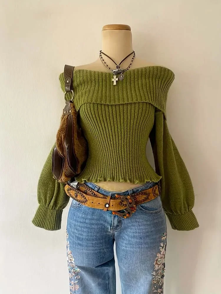Women Lapel Shoulder Collar Slim Pullover Sweater Versatile Fashion Casual Slim Loose Female Skin-Friendly Material Tops