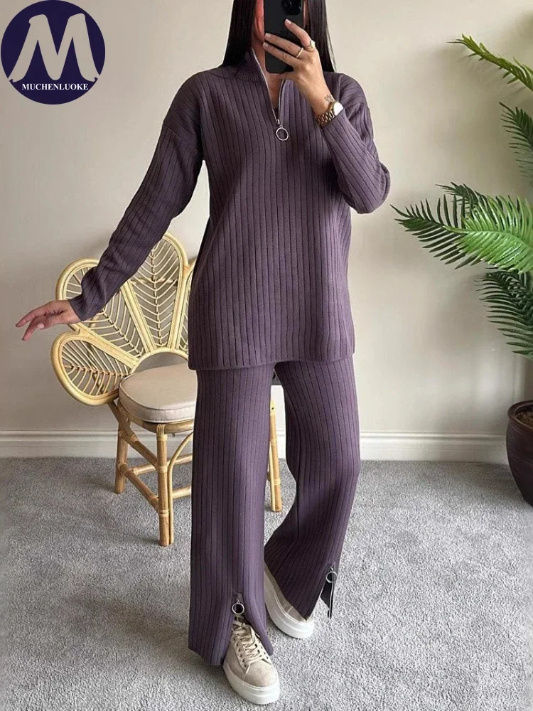 Women's Long Sleeved Knitted Sweater and Loose Pant Set, Elegant Tops, Zipper Suits, Casual, Fashionable, Autumn, Winter, 2 Pcs