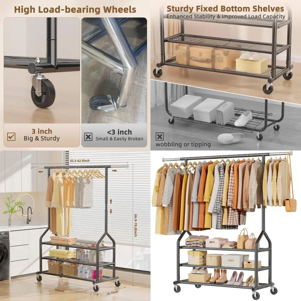 

Portable Heavy-Duty Rolling Clothes Rack with 3 Adjustable Shelves, 556lbs Capacity, Black