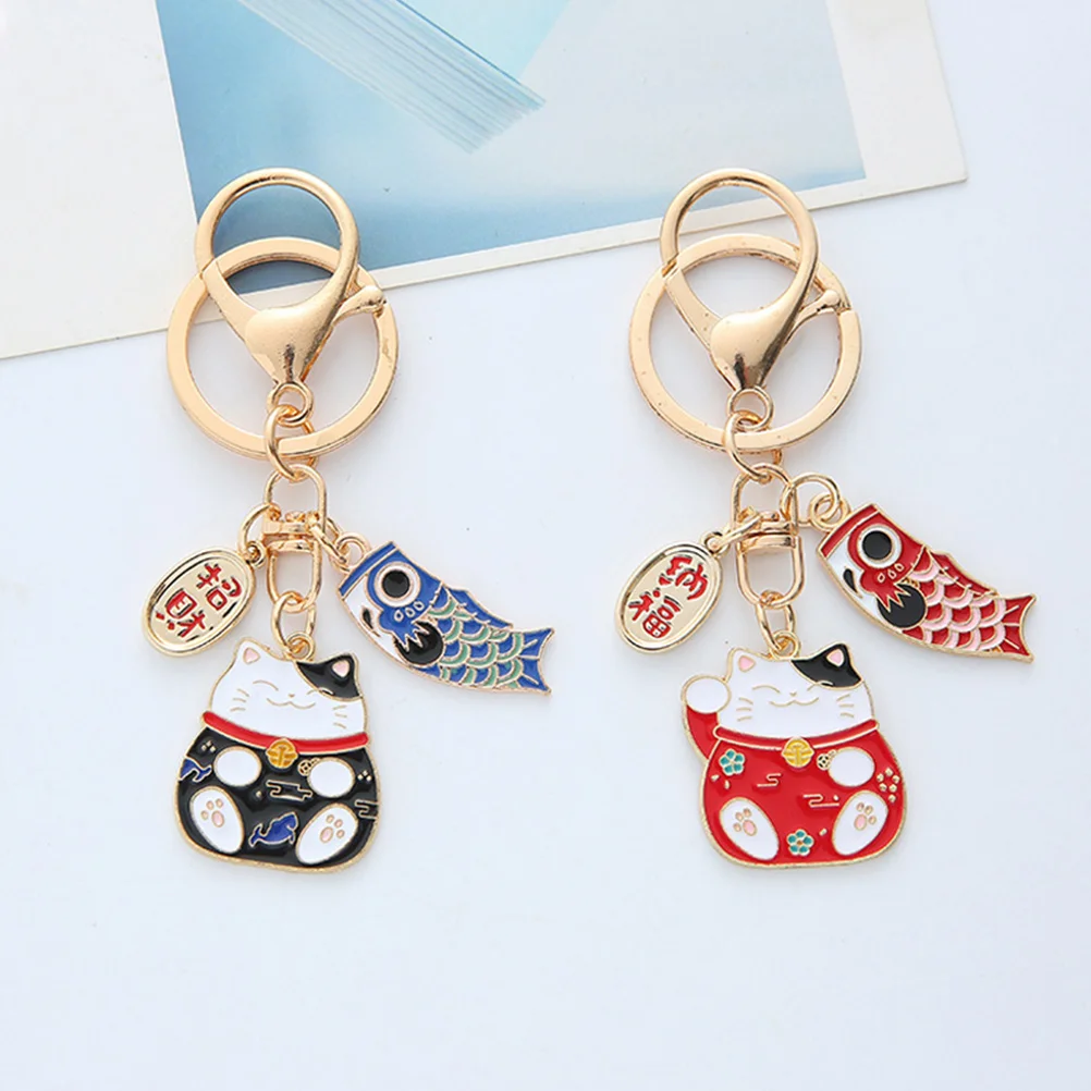 2 Pcs Key Ring Maneki Kitten Vintage Keys Japanese Style Chain Neko Keyring Keychain Lucky