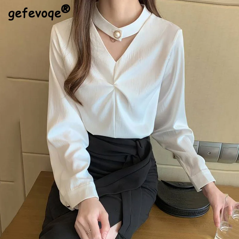 

Women Blouse Shirts Casual Office Lady Korean Fashion Elegant Tops Summer Loose Solid Turn-down Collar Chiffon Work Blouses 2022