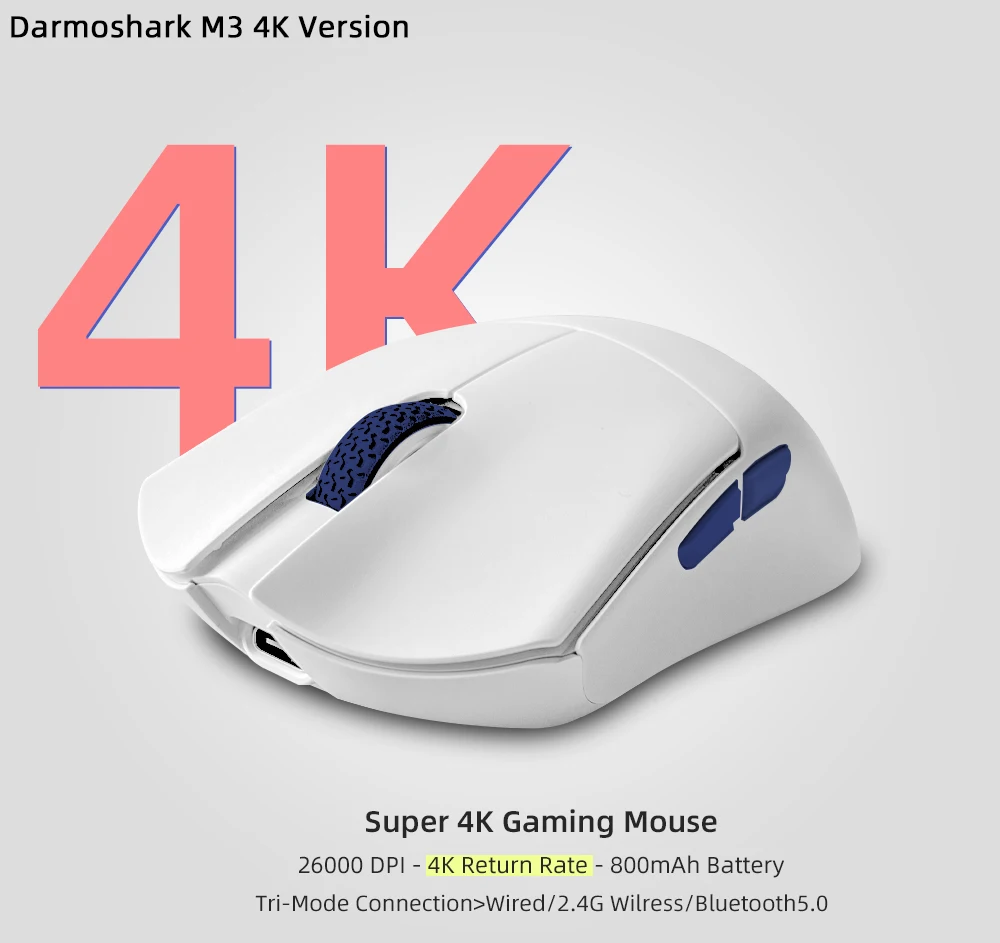 Imagem -02 - Darmoshark m3 4k Bluetooth 2.4g sem Fio com Fio Três Modos Mouse para Jogos Esports Óptico Pam3395 Computador Escritório Mouse 26000dpi Codificador Ttc Botões Suporte para Drivers de Macro para Laptop pc o Mais Novo