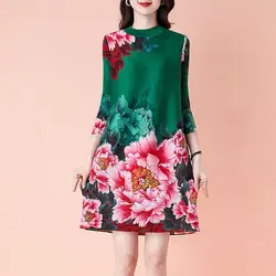 Half high collar dress for women's autumn wear, retro large flower print, 3/4 sleeve pleated and loose fitting