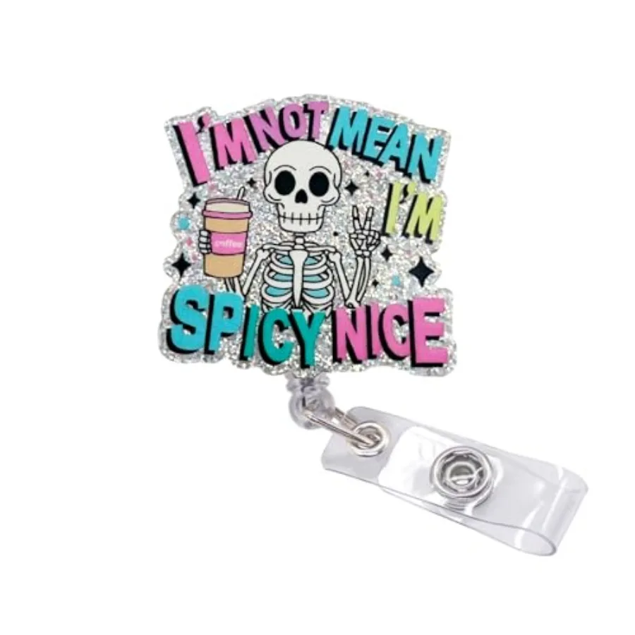 

Funny Nurse Badge Reel, Retractable Badge Reel with Swivel Alligator Clip, I'm Not Mean I'm Spicy Nice Skeleton Coffee Badge Ho