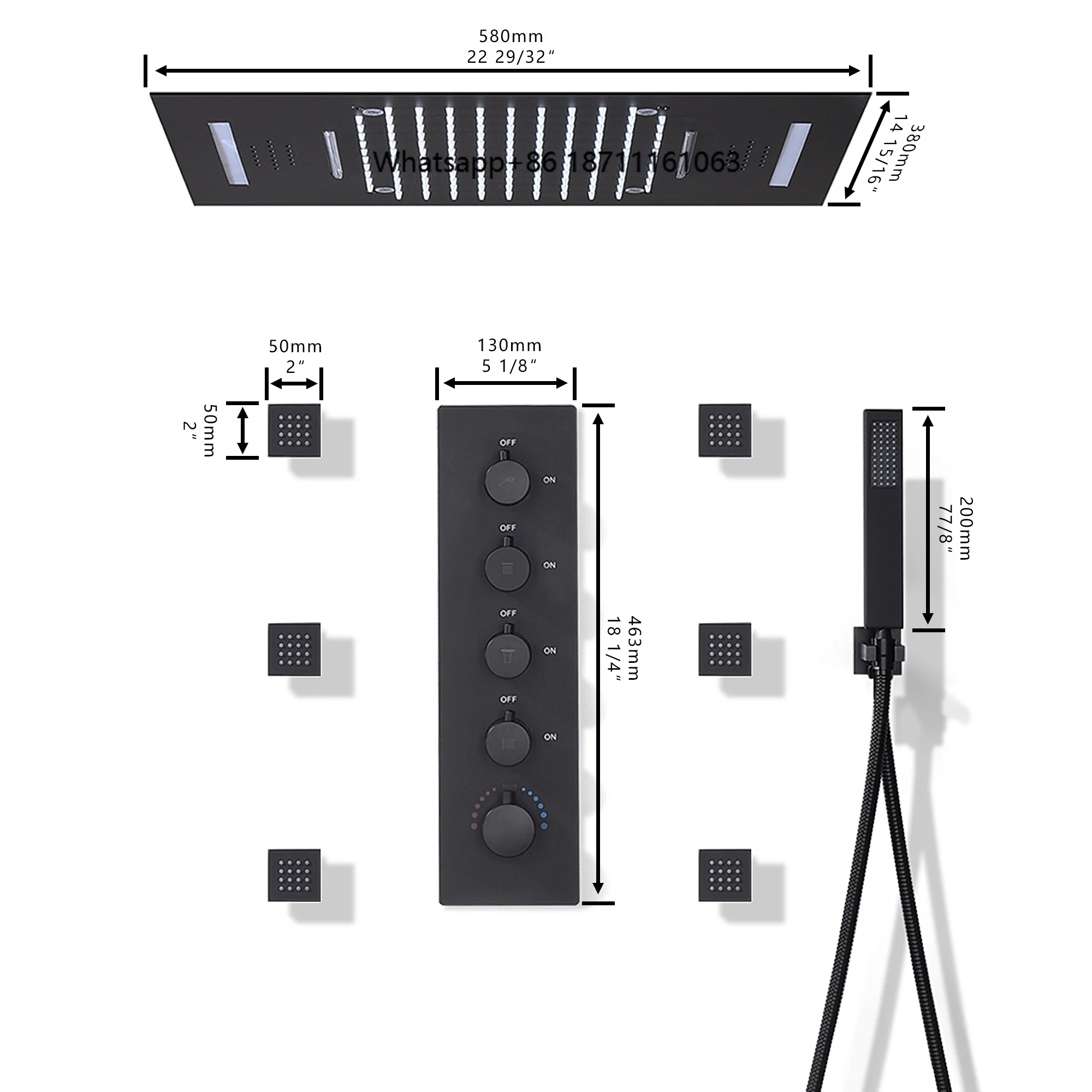 Bathroom Led Rainfall Shower Set 380*580mm Embed Ceiling Rain Showerhead Set Thermostatic Diverter Valve With Massage Body Jets