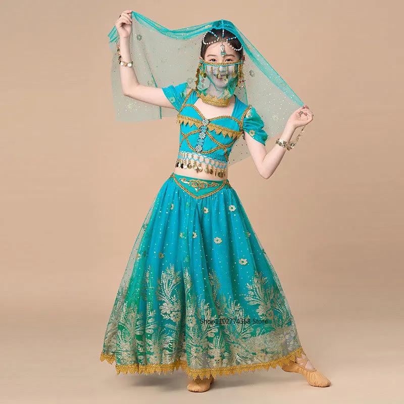 

Детский индийский комплект принцессы для танца живота, сари для восточного индийского танца, костюм для выступлений для девочек, детский сценический наряд Болливуда