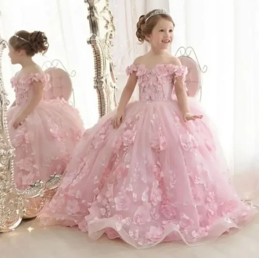 Vestido de baile con hombros descubiertos para niñas, Vestidos de fiesta de cumpleaños, graduación, Apliques de encaje, corsé, vestido de niña de flores para boda