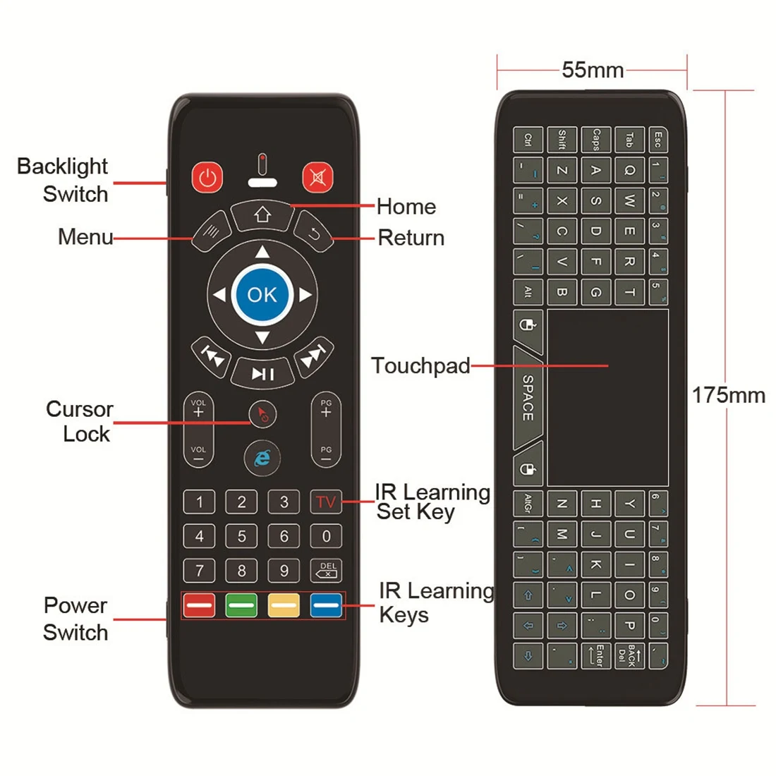 ミニワイヤレスキーボード,2.4GHz,バックライト付き,エアリモコン,タッチパッド,Android TVボックス,HTPC, IPTV用