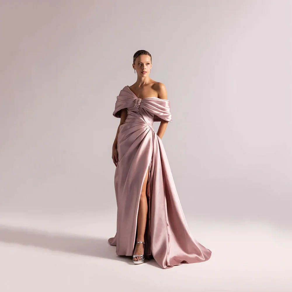 Customized Satin Long Evening Dresses Elegant Formal Occasion One Shoulder Prom Gowns Bead Crystal Floor Length Prom Dresses