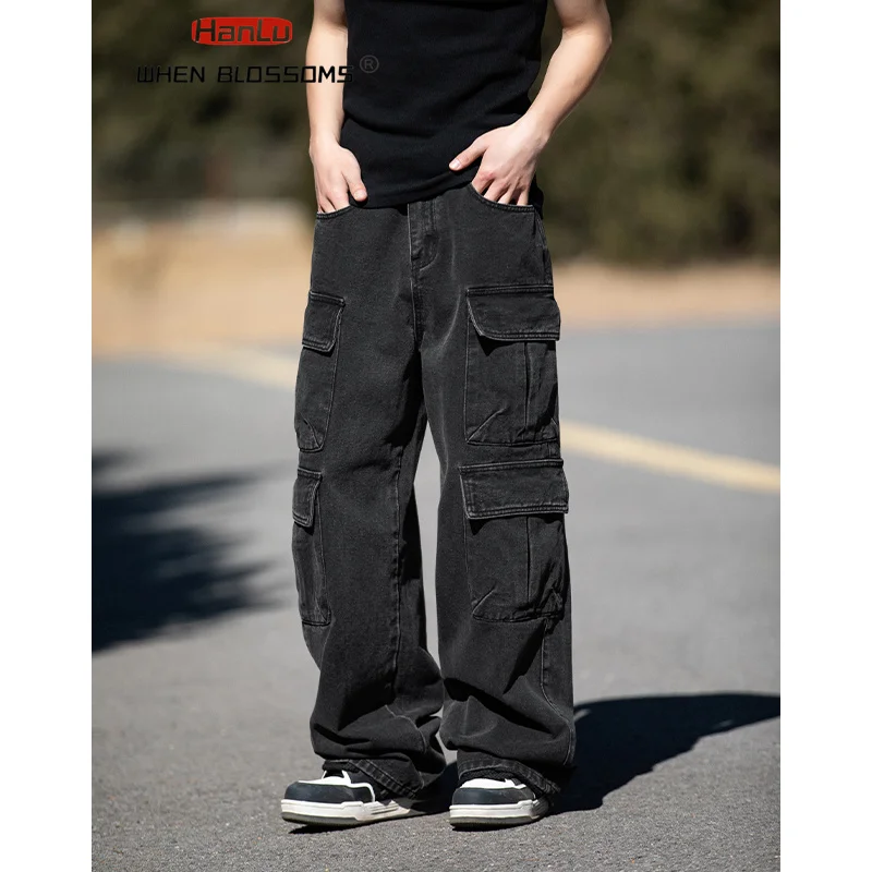 

Men's black new American retro multi pocket jeans, men's fashionable loose fitting work clothes, straight leg pants