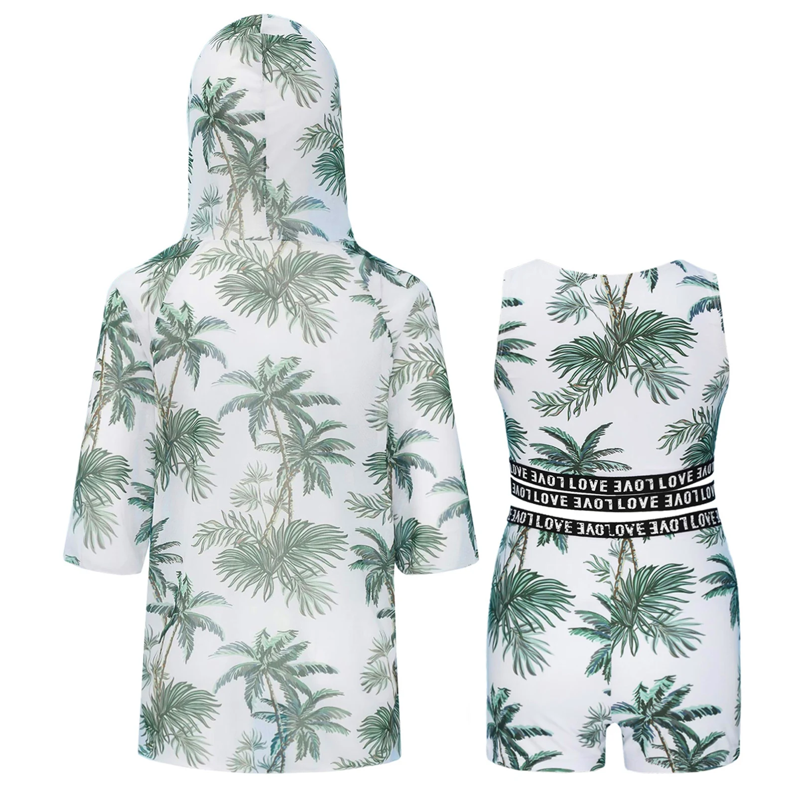 Kids Girls Swim Sets Three Pieces Swimsuit Tropical Print Tank Top with Shorts and Hoodie Cover Up Suit Summer Beach Swimwear