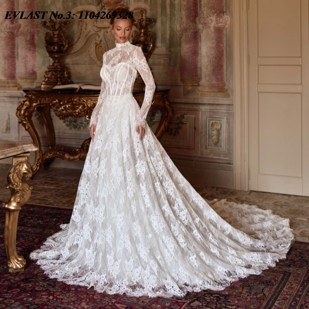 

EVLAST Элегантное свадебное платье трапециевидной формы в арабском стиле Aso Ebi с высоким воротом и кружевной аппликацией, свадебное платье Vestidos De Novia E3WA18