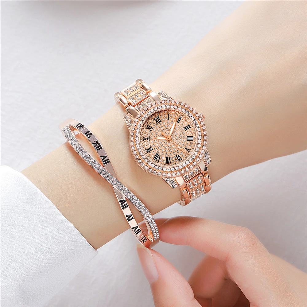 Luxo estrela cheia com diamantes relógios femininos moda roman senhoras relógio de quartzo rosa ouro aço inoxidável pulseira relógio wristwatche