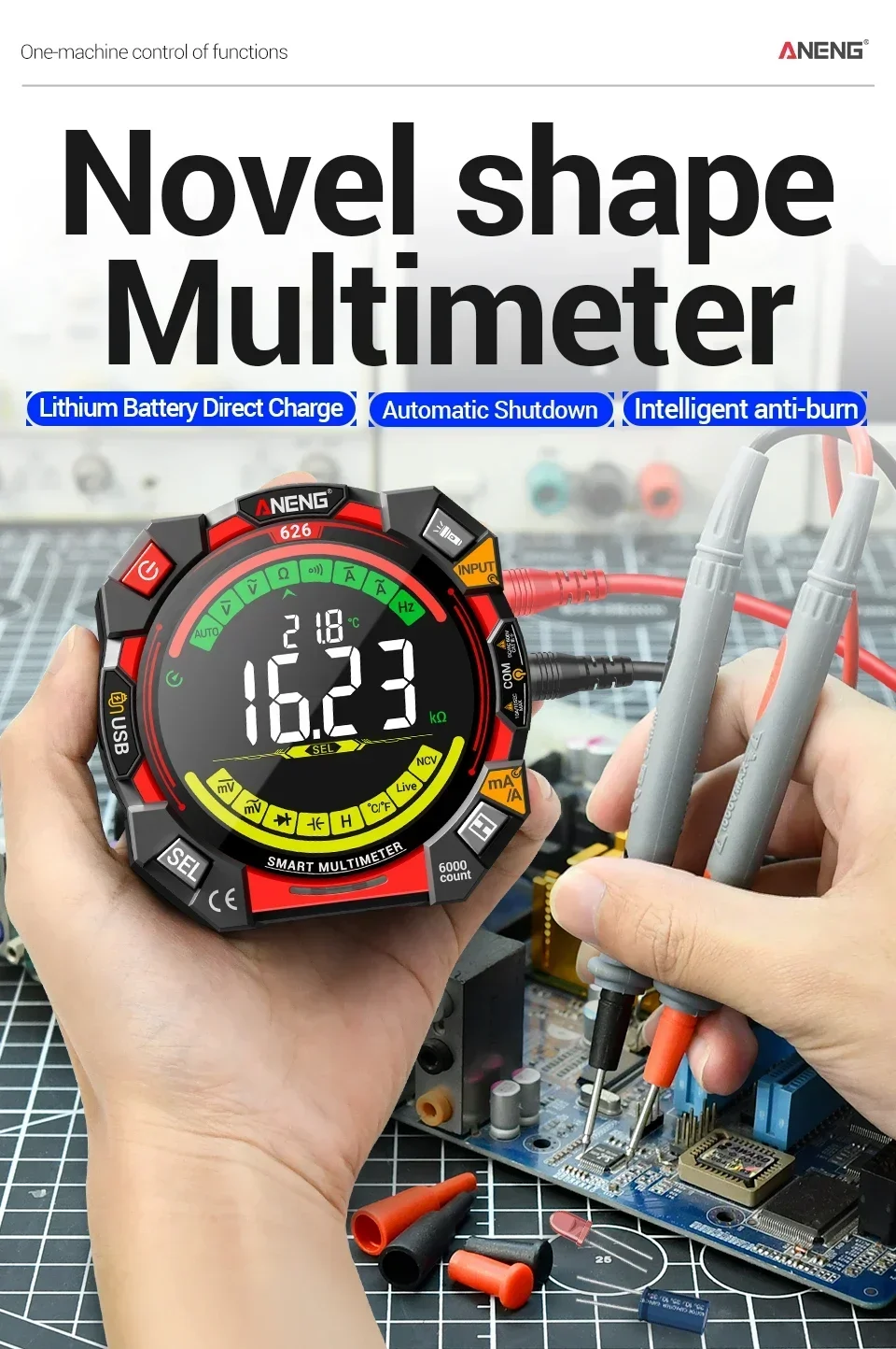 Multitester 6000 Counts 600V Spannungsprüfer ANENG 626 Multimeter Tragbares Strom-Ohmmeter Wiederaufladbares USB-Detektorwerkzeug – Detail 1