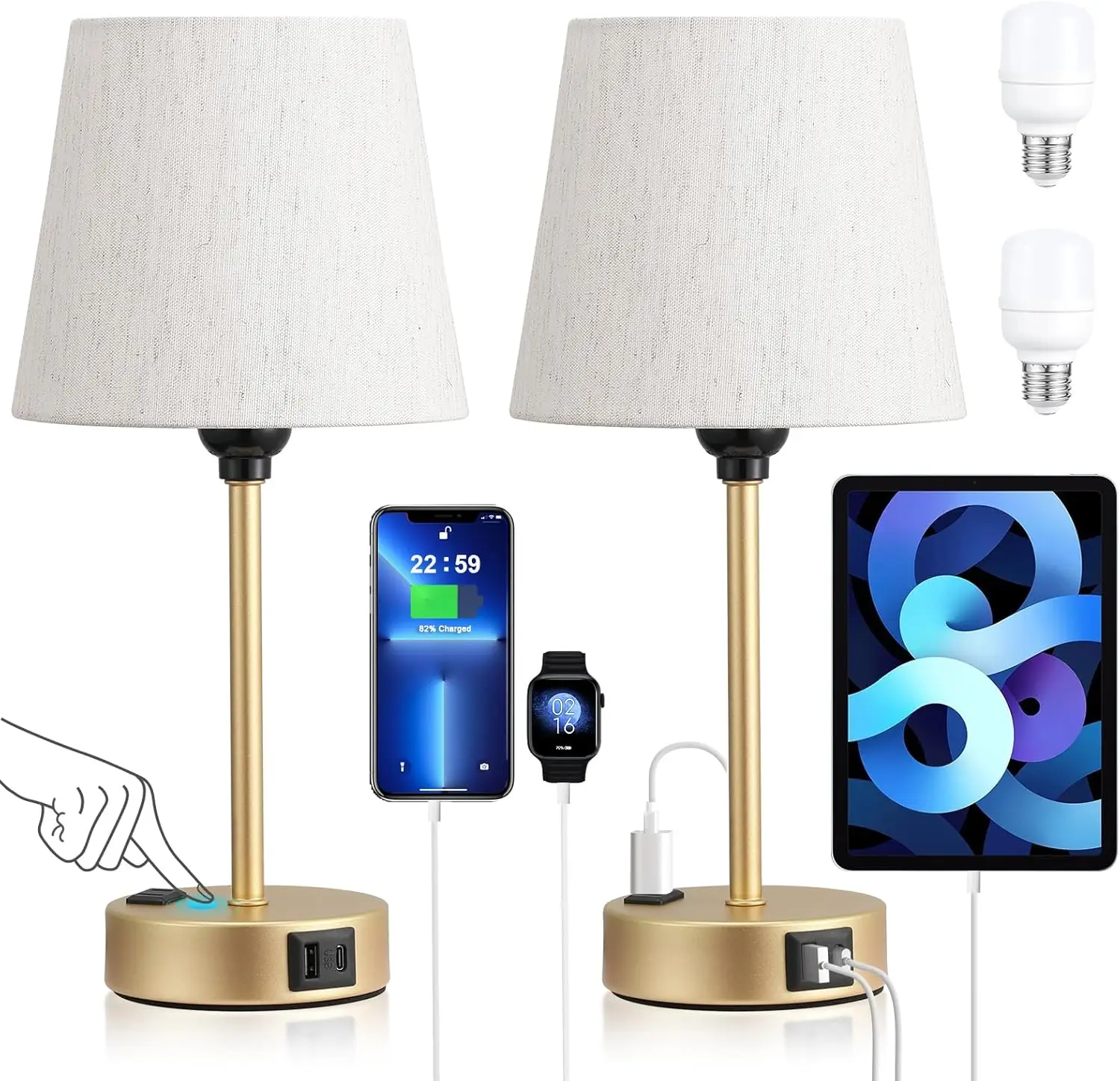 

Set of 2 Nightstand Lamps with USB-C & AC Outlet, Dimmable Touch Control, Ideal for Bedrooms