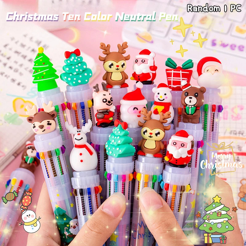 Bolígrafo de dibujos animados de Navidad, 10 colores, tinta colorida, bolígrafo de Gel prensado, papelería Kawaii para estudiantes, suministros escolares y de oficina, regalos