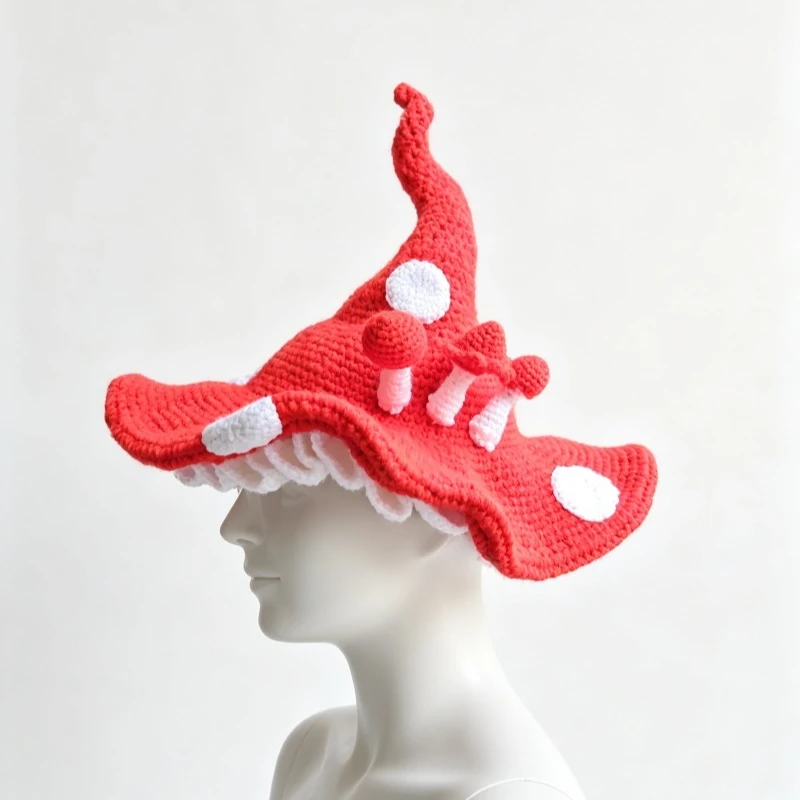 Handmade Red Blue Mushroom Hats Women Custom Crochet Plush Knitted Ruffled Cap Men Kawaii Casual Outdoor Cosplay Accessory Boys