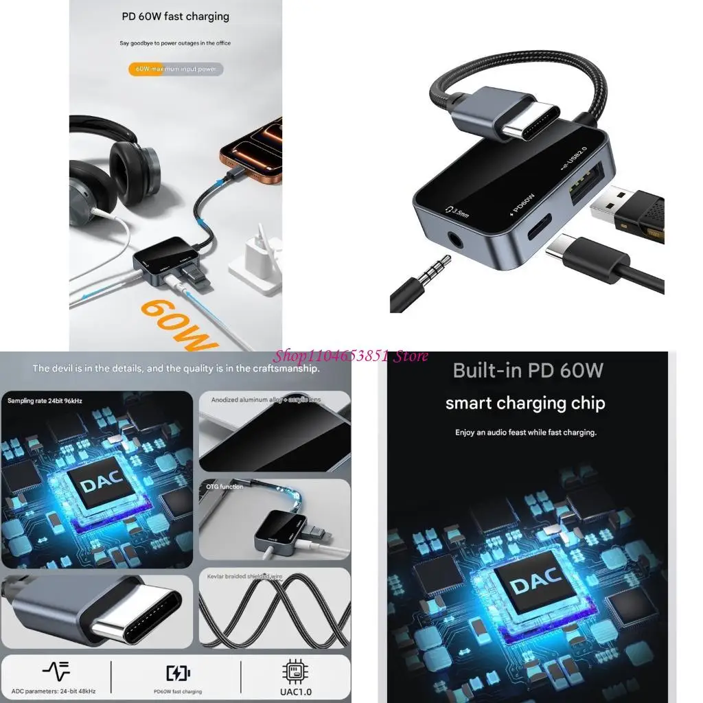 USB C To 3.5mm Sound Adapters with 60W Fast Charging & USB 2.0 Data Transfer 