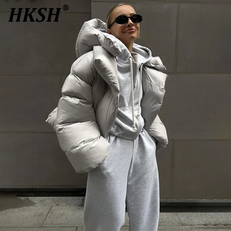 HKSH 2024 Winter New Women's Tide Cotton Padded Coats Trendy Stylish Chic Ins Personalized Streetwear Short Hooded Jacket HK3128