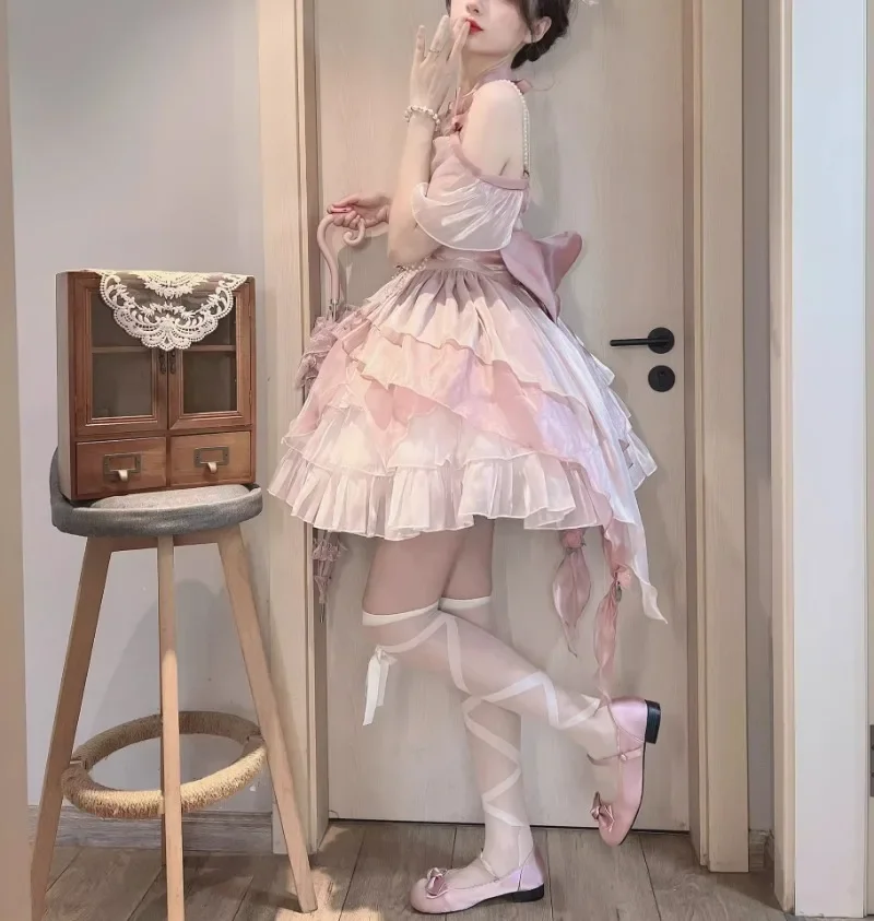 Primavera e verão rosa flor casamento lolita vestido lindo elegante tubo superior uma linha cintura fina vestido em camadas para mulher