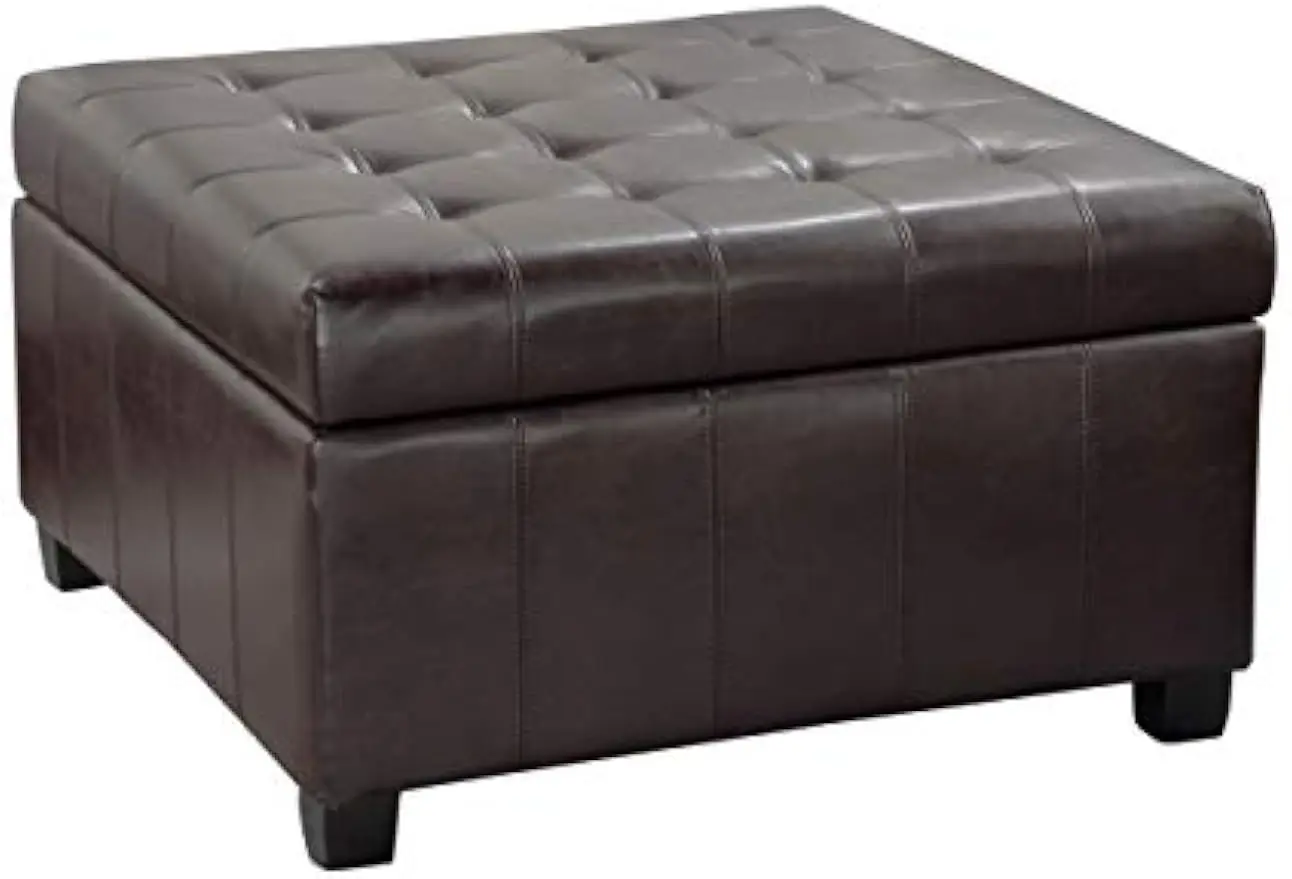 Alexandria Bonded Leather Storage Ottoman, Marbled Brown , 31” x 31”x 18.6”