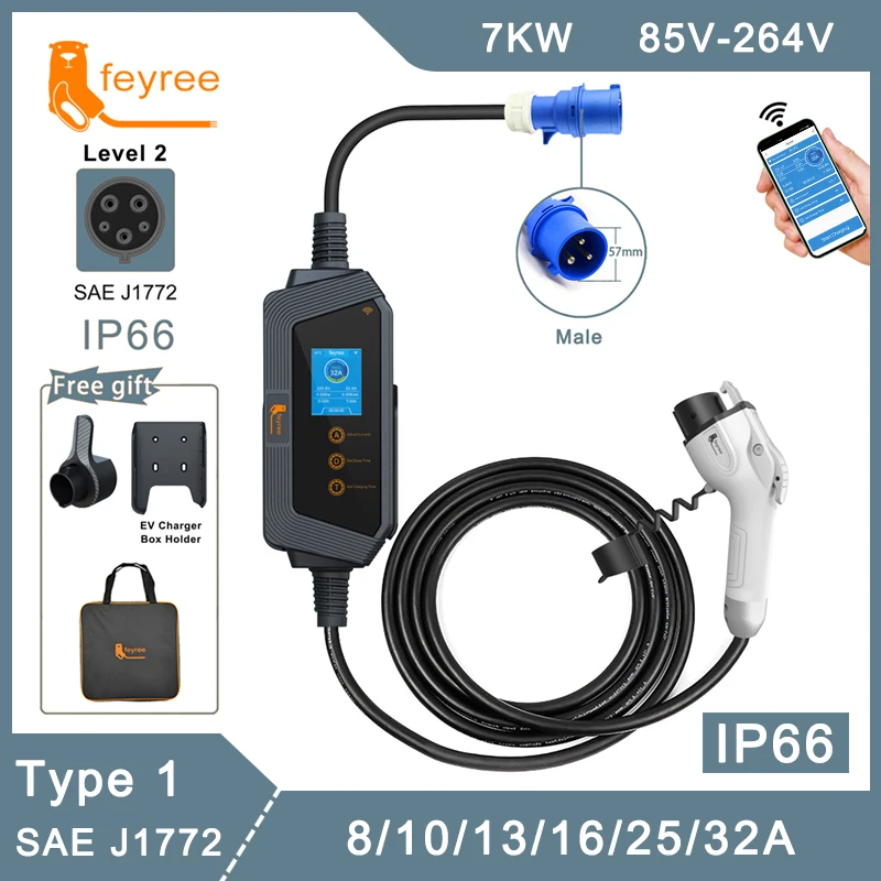 

feyree Type1 Portable EV Charger 7KW 32A 1Phase J1772 Socket with 5m Cable Smart APP WIFI Control Version for Electric Vehicle