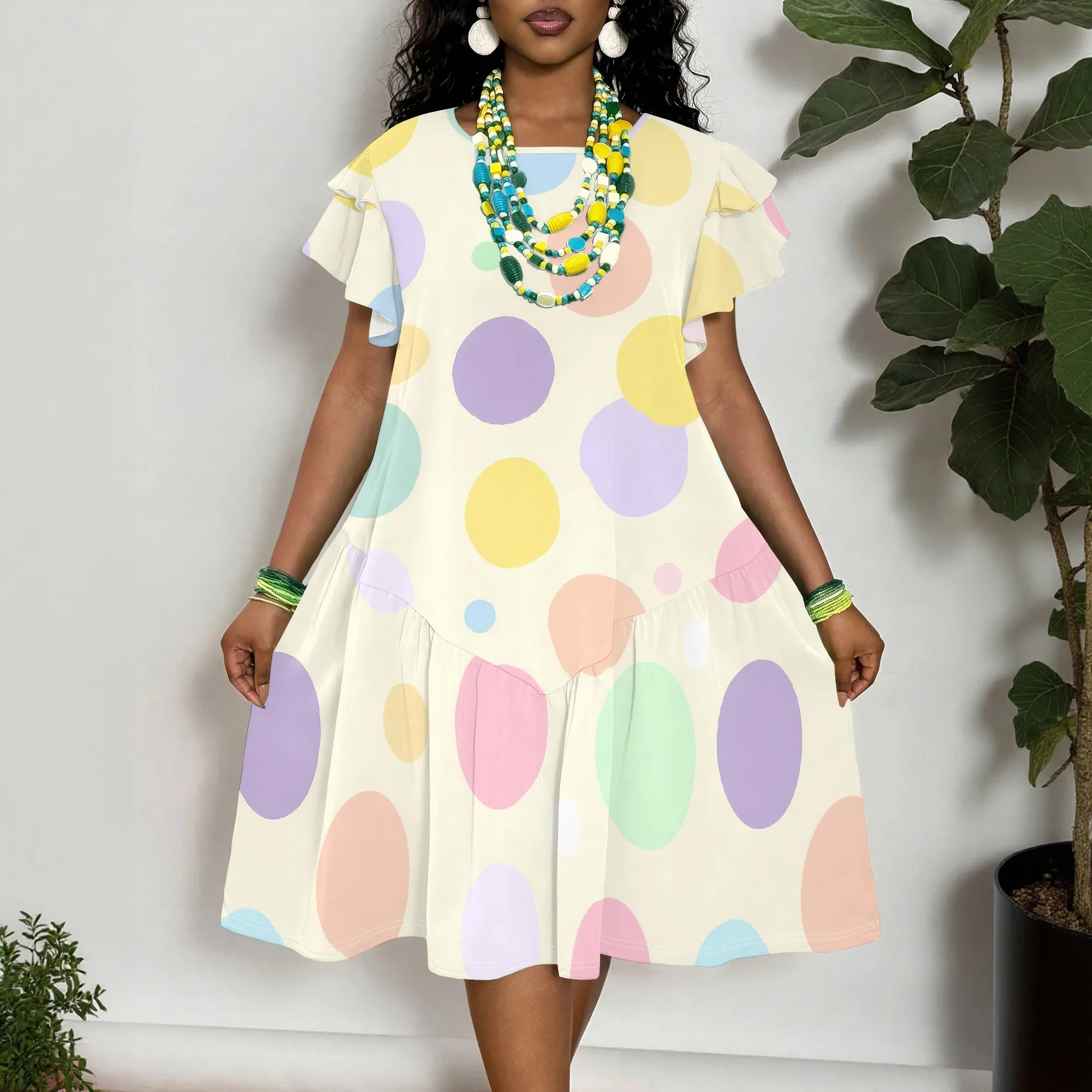 

Polka Dot Print Short Sleeve Dress, Pastel Circles Summer Tunic, Ruffle Hem Casual Shift Dress for Women, XL-6XL