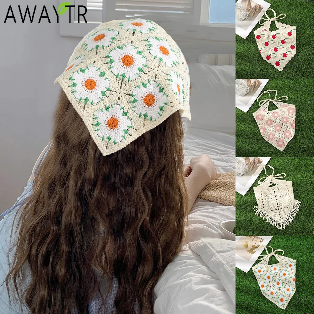 

AWAYTR Вязаная повязка на голову с ромашками, шарф-повязка для волос для женщин, праздничный головной убор, бандана с мультяшным принтом, тюрбан, повязка для волос, головной убор