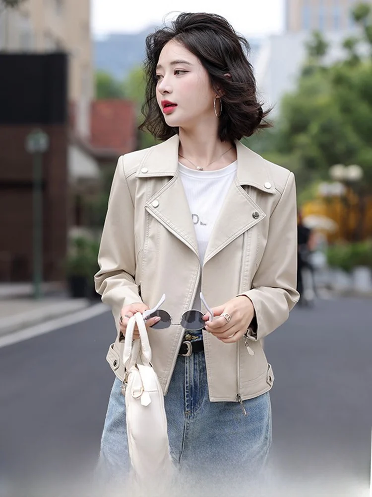   Ning Echtlederjacke für Damen, Kurzarm, 2025 Neue Frühjahrskollektion, Schlankmachende Mode, Motorrad-Schafslederjacke