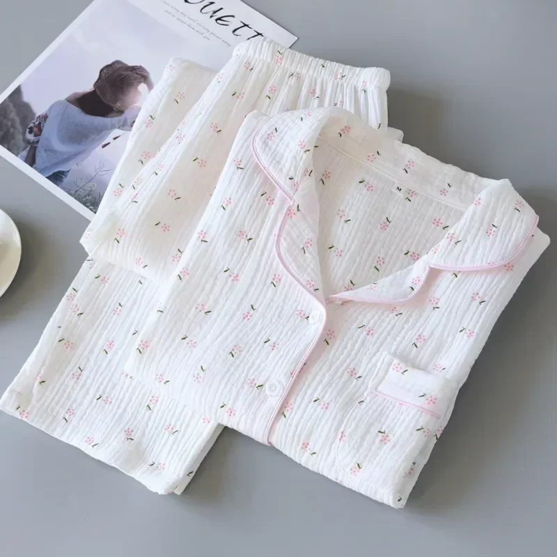 

Print 2pcs Full Gauze Wear Loose And Casual Pajama Home Set Shirt Cotton Fdfklak Sleeping Spring Homewear Sleeve Fall