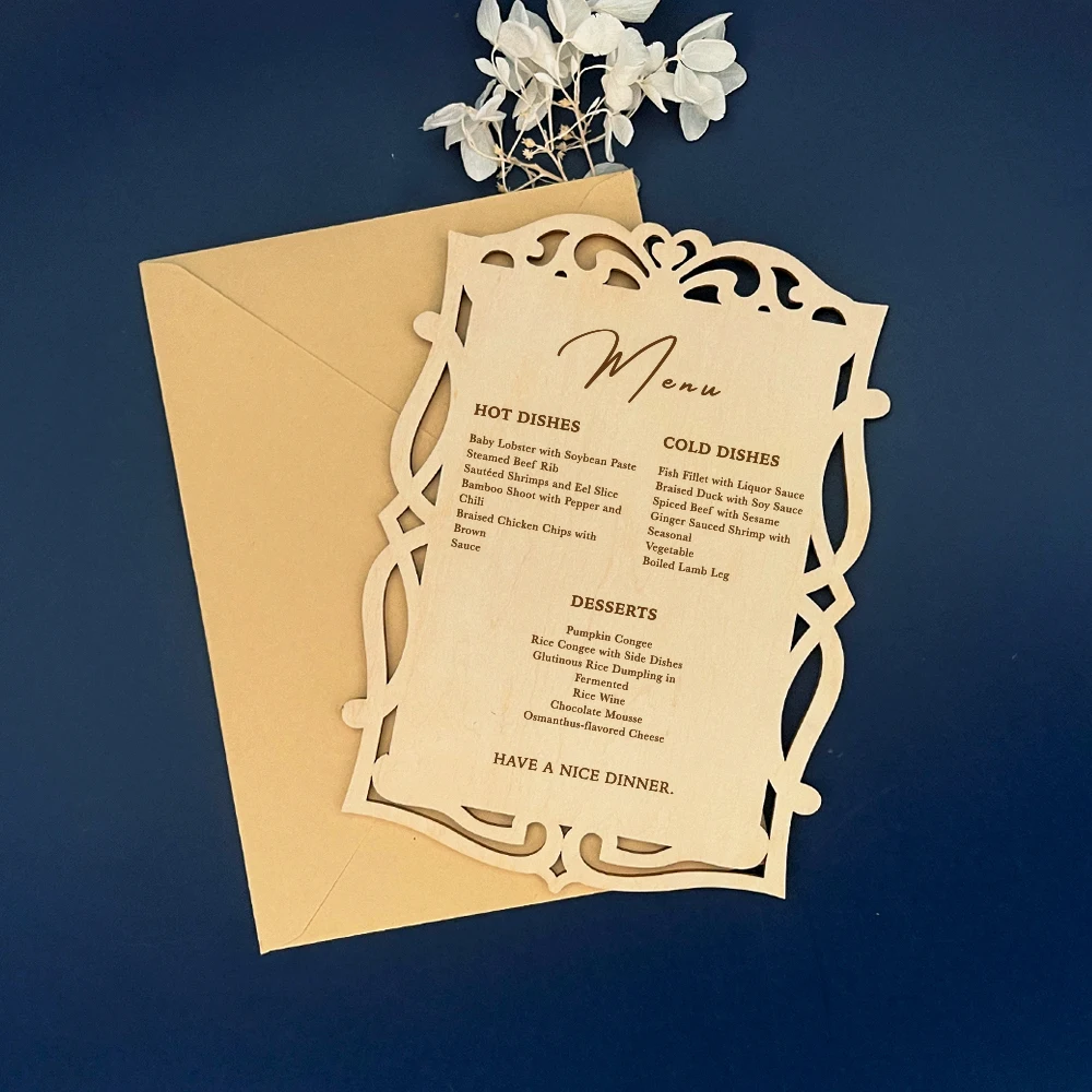 

10pcs Customized Wooden Wedding Menus Wedding Invitations Exclusive European Floral With Laser Engraved Names With Envelopes