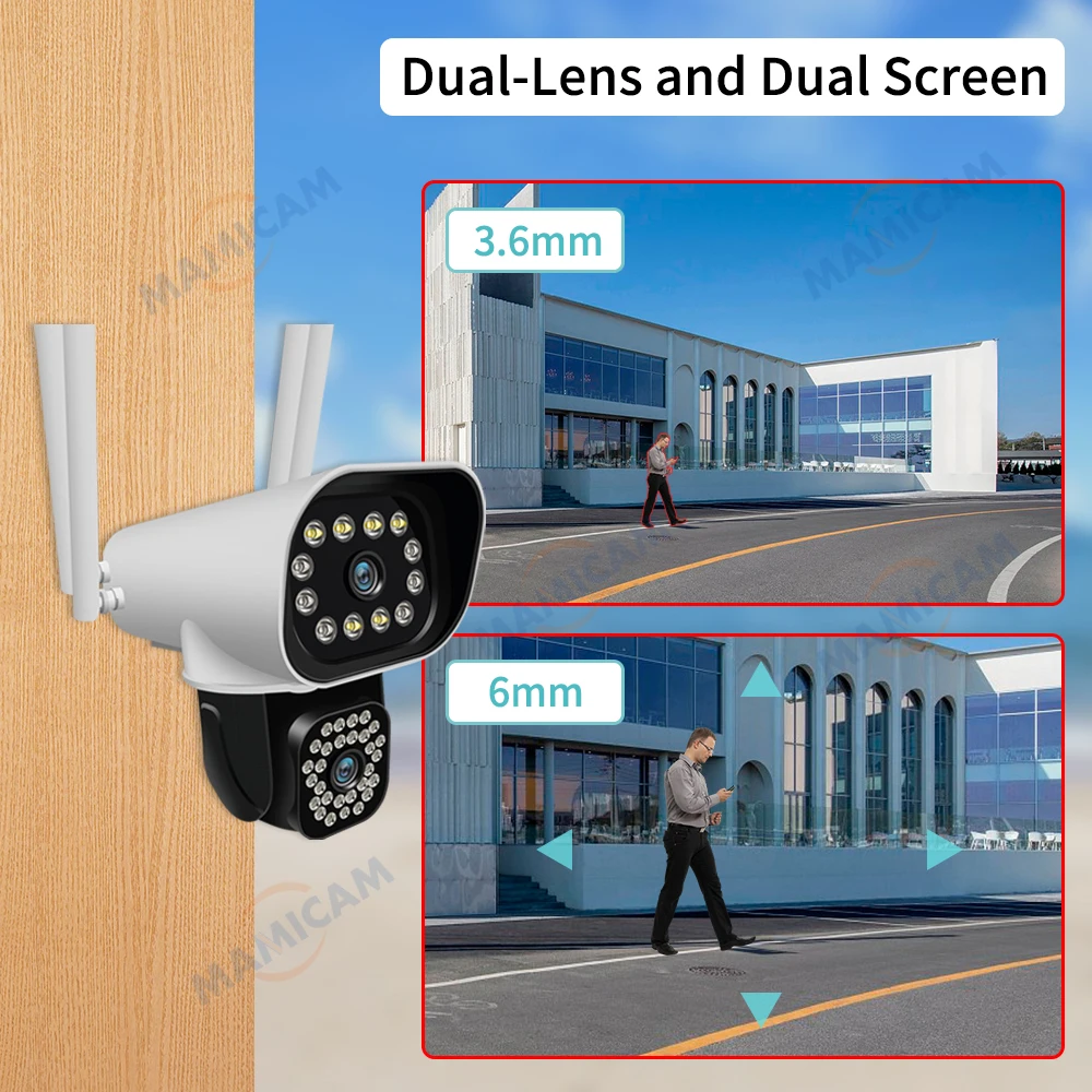 6MP Security IP Camera Dual Lens Dual Screen PTZ Outdoor Wifi Video Surveillance Camera Waterproof Auto Tracking iCam365