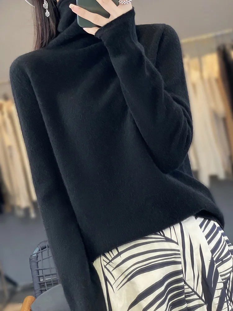 Autumn Winter Women 100% Merino Wool Pullover Turtleneck Sweater Casual Korean Style Cashmere Knitwear Bottoming Clothing
