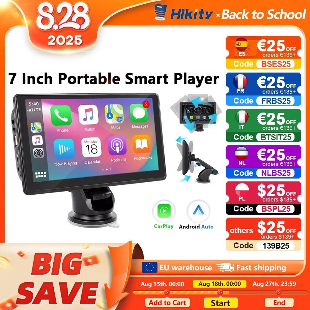 Hikity Portable 7 pollici Carplay Car MP5 player Smart Supports Carplay Android Auto con Apple Aiplay Bluetooth Music