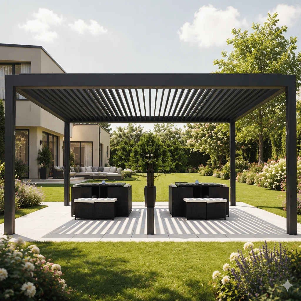 2025 Custom Smart Electric Louvered Pergola LED Lights New Powder Coated Frame