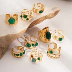 Stainless Steel Green Natural Stone Rings For Women Vintage Trend Punk Jewelry 18K Gold Color Opening Ring Christmas Gift New