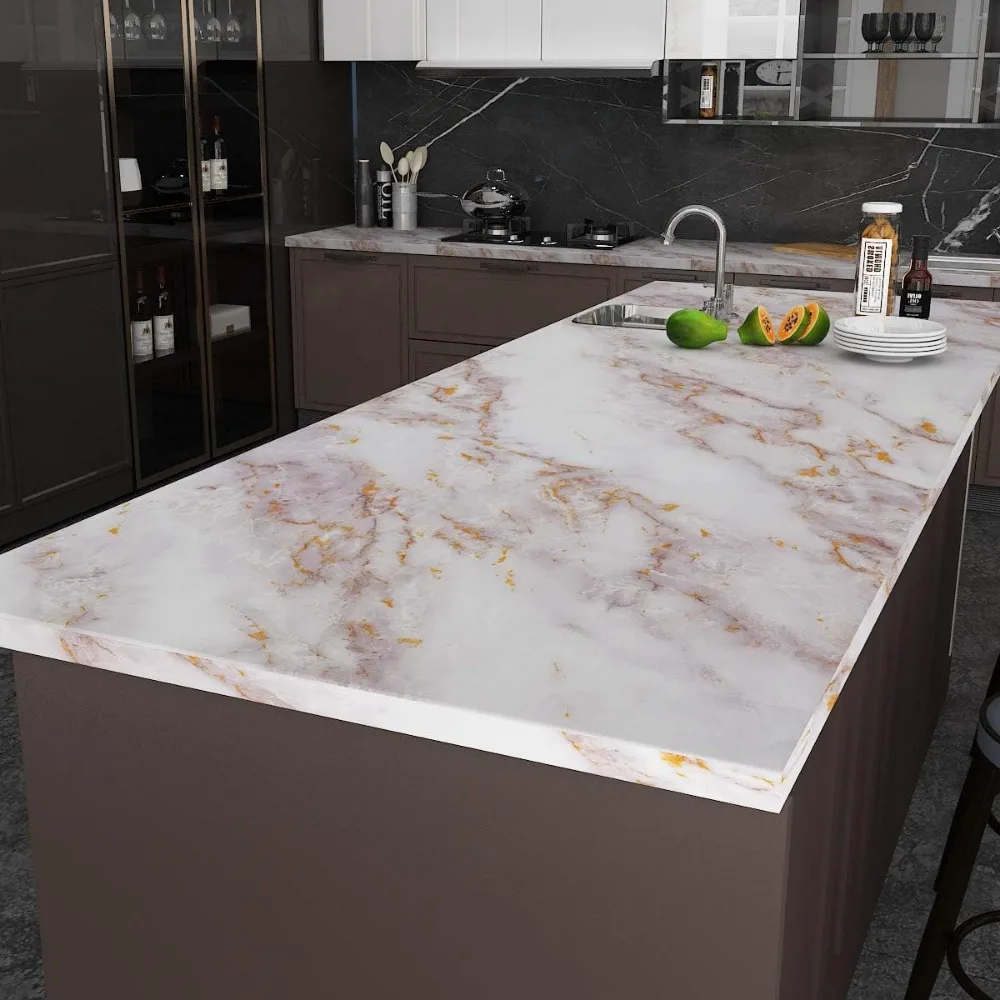 Papel de bancada de vinil à prova d'água em mármore dourado, casca e bastão, 36x197 polegadas, tamanho largo, papel de parede de mármore para contadores