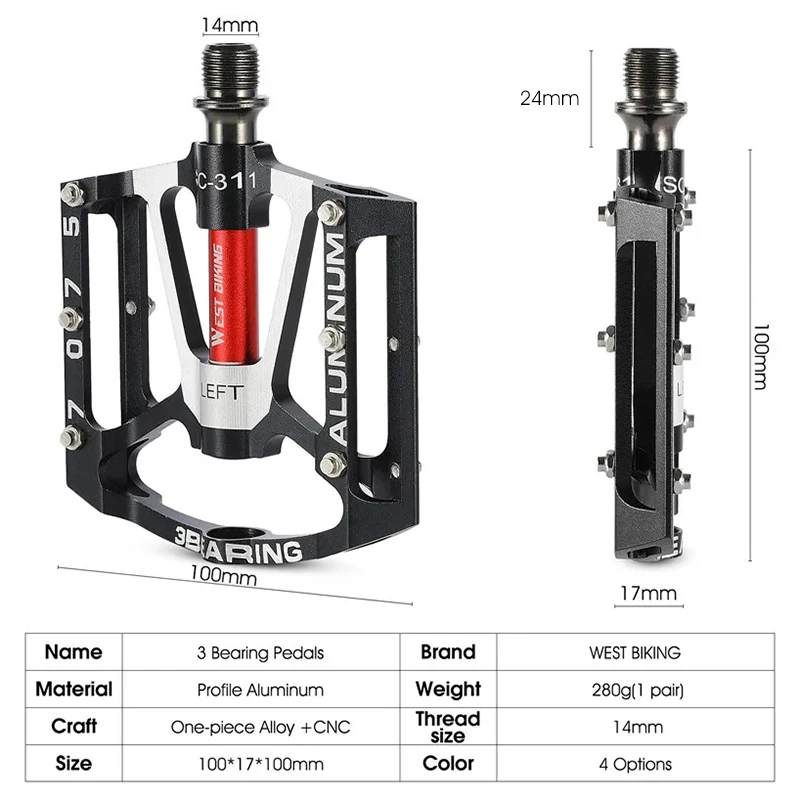 WEST BIKING MTB Aluminum Alloy Pedals 3 Bearings/DU Bushing Ultralight Bicycle Pedals Widen Cycling Pedals BMX Bike Parts