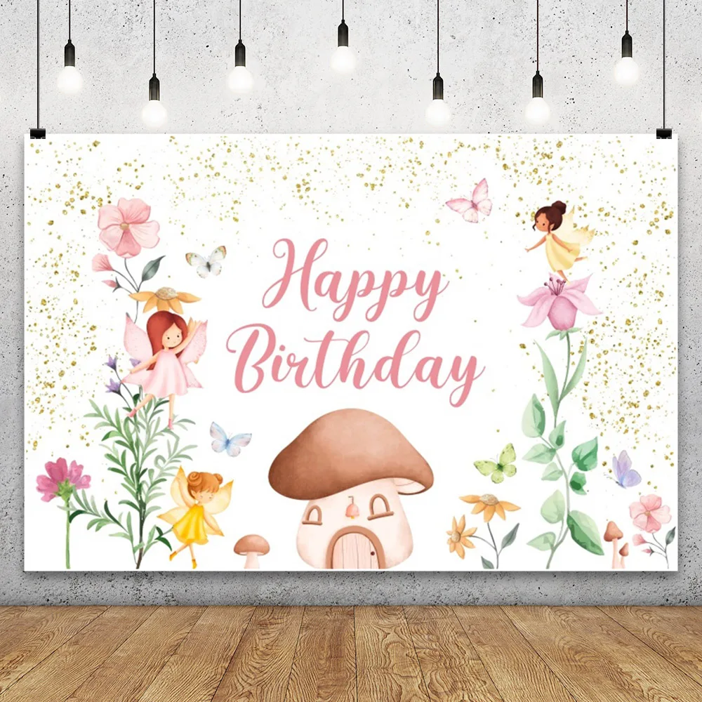 Baby Girls Birthday Mushroom House Background Fairy Tale Elf Butterfly Colorful Flowers 1st Birthday Party Photography Backdrop