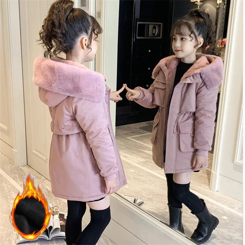 

-30° Girls Cotton Coats Winter Plus Velvet Jackets Kids Hooded Outerwear Solid Colour Casual Overcoat Warm Thicken Parkas 4-14 Y